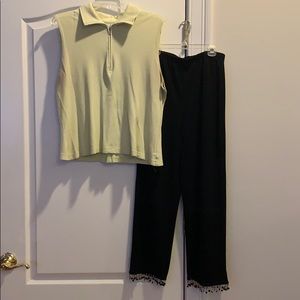 2-pc Green Top Black Cropped Pants Beaded Bottoms